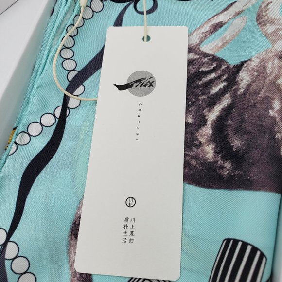 Champur Glamorous Novelty Print Silk Neck Scarf Pastel Blue - Picture 7 of 11